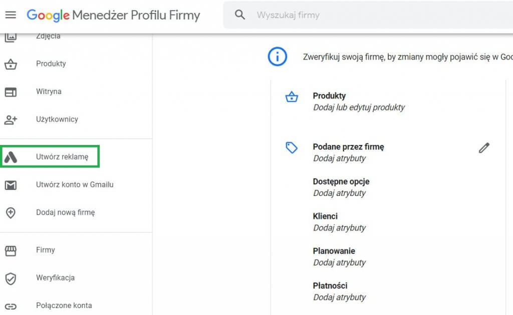 narzędzia profil firmy google - google ads utwórz reklame