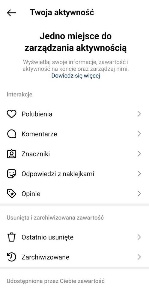 komentarze na Instagramie - zakładka twoja aktywność